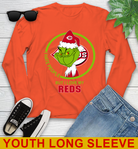 Cincinnati Reds MLB Christmas Grinch I Hate People But I Love My Favorite Baseball Team Youth Long Sleeve 4