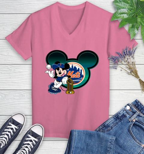 MLB New York Mets The Commissioner's Trophy Mickey Mouse Disney Women's V-Neck T-Shirt 13