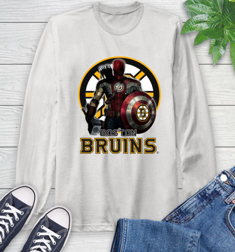 NHL Captain America Thor Spider Man Hawkeye Avengers Endgame Hockey Boston Bruins Long Sleeve T-Shirt