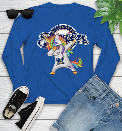 Milwaukee Brewers MLB Baseball Funny Unicorn Dabbing Sports Youth Long Sleeve 9