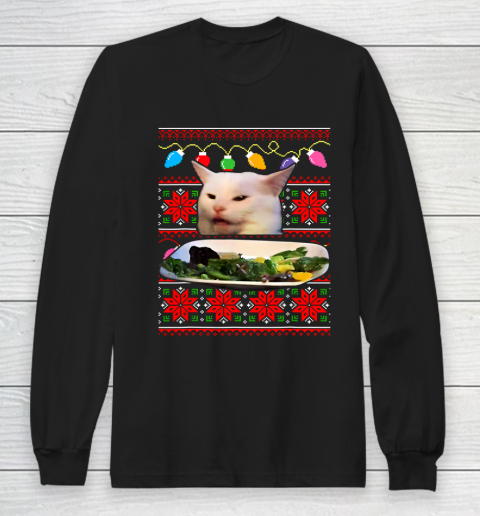 Woman Yelling at a Cat Ugly Christmas Long Sleeve T-Shirt