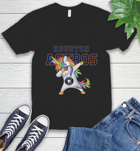 Houston Astros MLB Baseball Funny Unicorn Dabbing Sports V-Neck T-Shirt 2