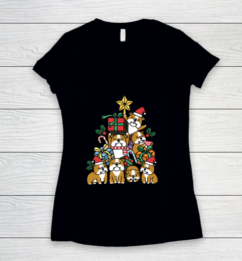 Christmas Tree English Bulldog Dog Women's V-Neck T-Shirt