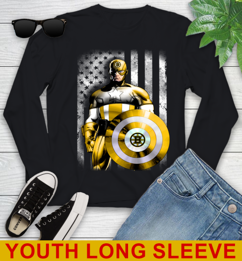 Boston Bruins NHL Hockey Captain America Marvel Avengers American Flag Shirt Youth Long Sleeve