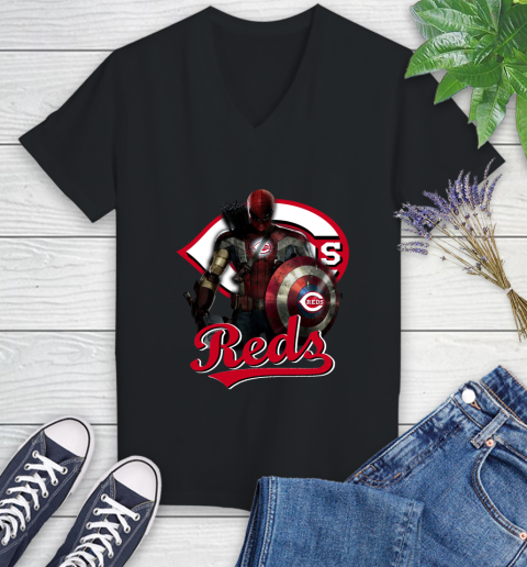 MLB Captain America Thor Spider Man Hawkeye Avengers Endgame Baseball Cincinnati Reds Women's V-Neck T-Shirt 2
