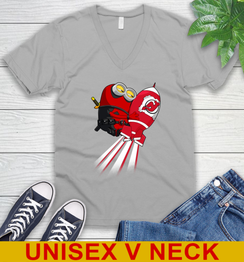 NHL Hockey New Jersey Devils Deadpool Minion Marvel Shirt V-Neck T-Shirt 4 NHL Hockey New Jersey Devils Deadpool Minion Marvel Shirt V-Neck T-Shirt - Image 4