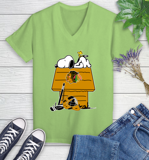 Chicago Blackhawks NHL Hockey Snoopy Woodstock The Peanuts Movie Women's V-Neck T-Shirt 11