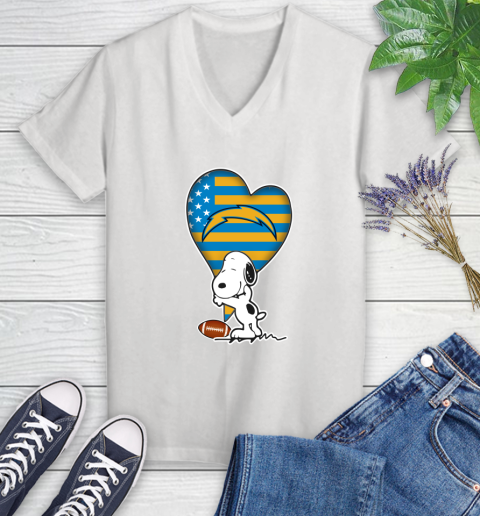 San Diego Chargers NFL Football The Peanuts Movie Adorable Snoopy Women's V-Neck T-Shirt