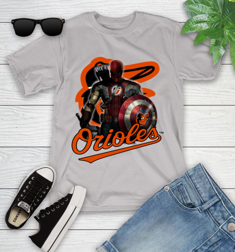 MLB Captain America Thor Spider Man Hawkeye Avengers Endgame Baseball Baltimore Orioles Youth T-Shirt 12