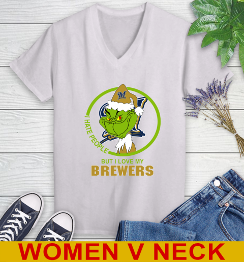 Milwaukee Brewers MLB Christmas Grinch I Hate People But I Love My Favorite Baseball Team Women's V-Neck T-Shirt