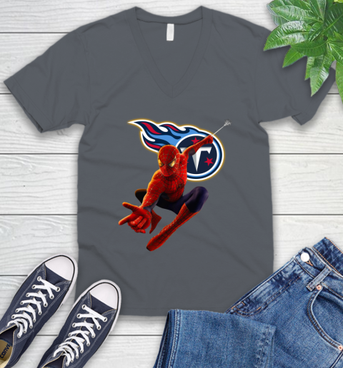 NFL Spider Man Avengers Endgame Football Tennessee Titans V-Neck T-Shirt 6 NFL Spider Man Avengers Endgame Football Tennessee Titans V-Neck T-Shirt - Image 6