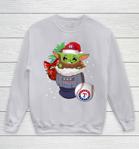 Texas Rangers Christmas Baby Yoda Star Wars Funny Happy MLB Youth Sweatshirt 4