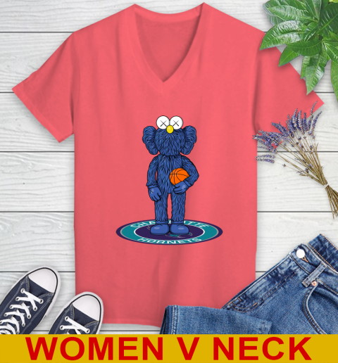 NBA Basketball Charlotte Hornets Kaws Bff Blue Figure Shirt Women's V-Neck T-Shirt 7