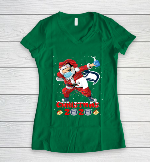 Seattle Seahawks Funny Santa Claus Dabbing Christmas 2020 NFL Women's V-Neck T-Shirt 3