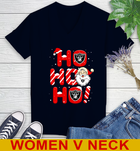 Oakland Raiders NFL Football Ho Ho Ho Santa Claus Merry Christmas Shirt Women's V-Neck T-Shirt 2
