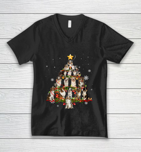 Australian Shepherd Christmas Tree Light Funny Dog Xmas V-Neck T-Shirt