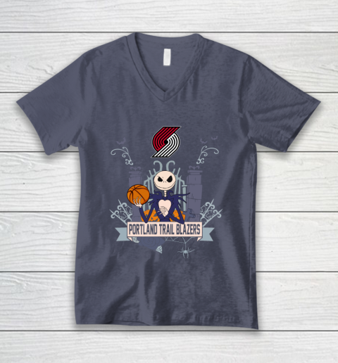NBA Portland Trail Blazers Basketball Jack Skellington Halloween V-Neck T-Shirt 7