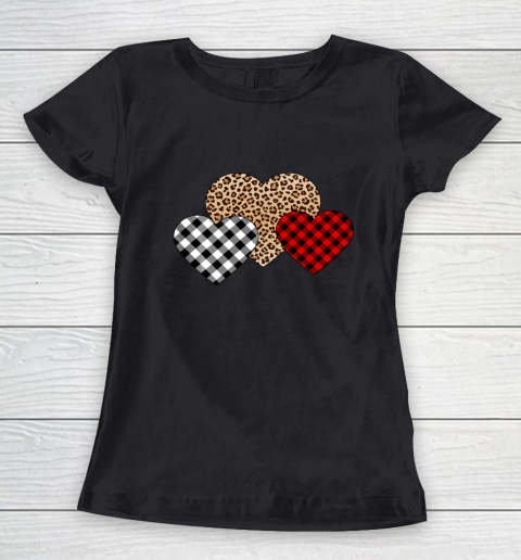 Valentine Three Hearts Leopard Buffalo Plaid Valentine s day Women's T-Shirt