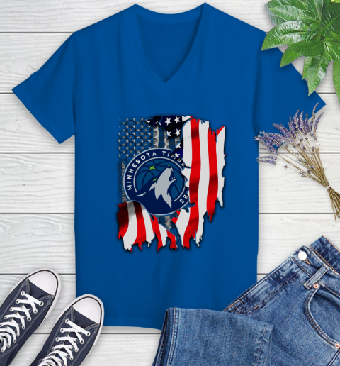 Minnesota Timberwolves NBA Basketball American Flag Women's V-Neck T-Shirt 10