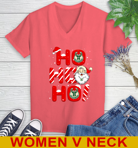 Milwaukee Bucks NBA Basketball Ho Ho Ho Santa Claus Merry Christmas Shirt Women's V-Neck T-Shirt 6