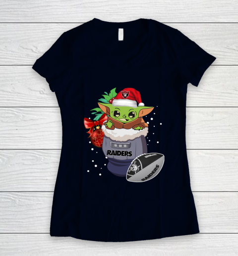 Oakland Raiders Christmas Baby Yoda Star Wars Funny Happy NFL Women's V-Neck T-Shirt 3