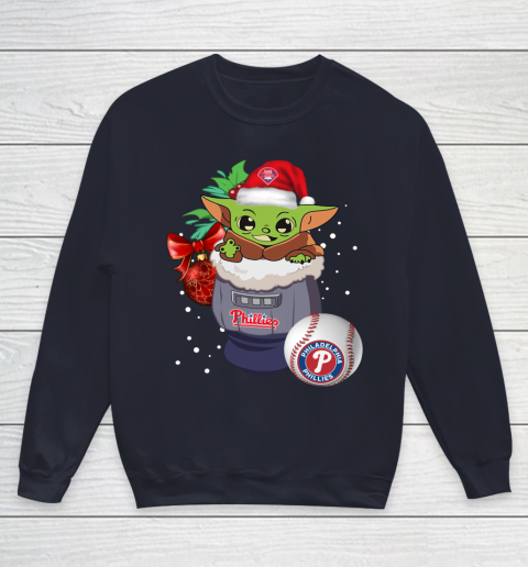 Philadelphia Phillies Christmas Baby Yoda Star Wars Funny Happy MLB Youth Sweatshirt 3