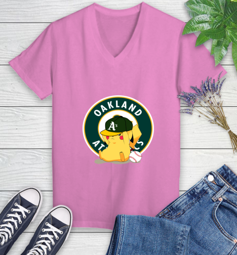 MLB Pikachu Baseball Sports Oakland Athletics Women's V-Neck T-Shirt 14