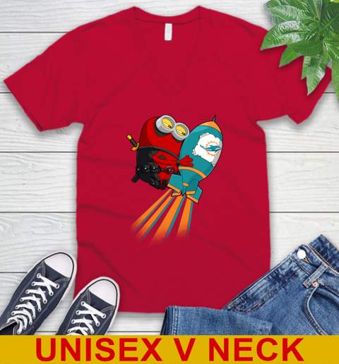 NFL Football Miami Dolphins Deadpool Minion Marvel Shirt V-Neck T-Shirt 6
