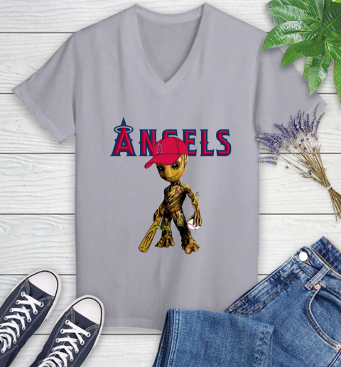 MLB Los Angeles Angels Groot Guardians Of The Galaxy Baseball Women's V-Neck T-Shirt 4