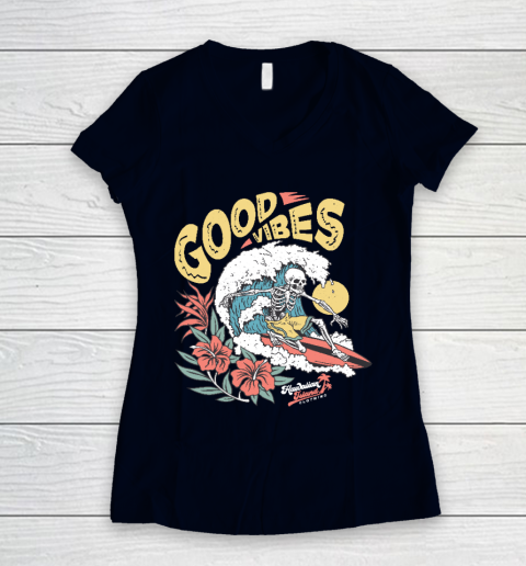 Good Vibes Skeleton Surfer Women's V-Neck T-Shirt 2