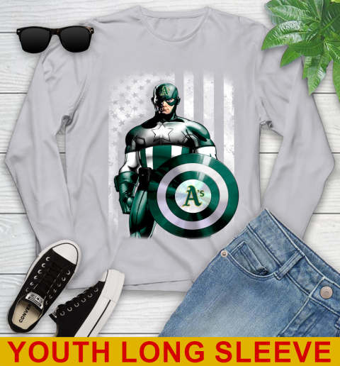 Oakland Athletics MLB Baseball Captain America Marvel Avengers American Flag Shirt Youth Long Sleeve 5