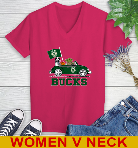 NBA Basketball Milwaukee Bucks Darth Vader Baby Yoda Driving Star Wars Shirt Women's V-Neck T-Shirt 10