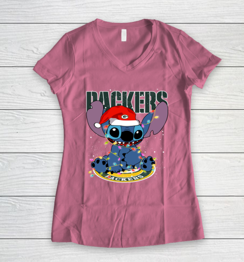 Green Bay Packers NFL Football noel stitch Christmas Women's V-Neck T-Shirt 7