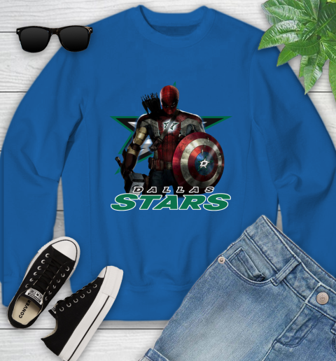 NHL Captain America Thor Spider Man Hawkeye Avengers Endgame Hockey Dallas Stars Youth Sweatshirt 8