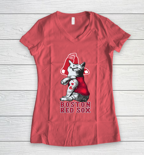 MLB Baseball My Cat Loves Boston Red Sox Women's V-Neck T-Shirt 4