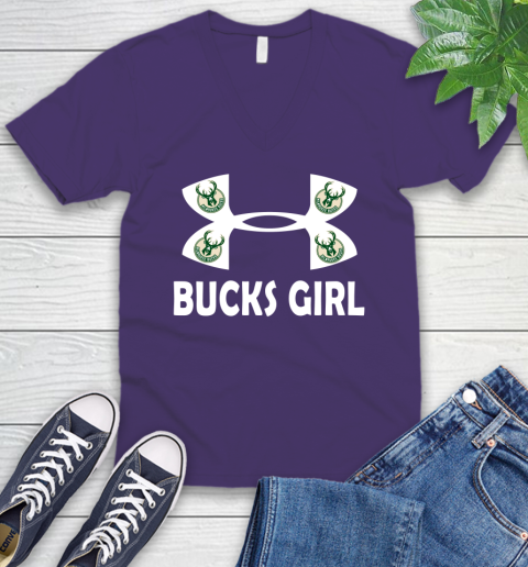 NBA Milwaukee Bucks Girl Under Armour Basketball Sports V-Neck T-Shirt 9