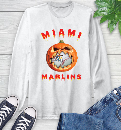 MLB Miami Marlins Halloween Pumpkin Baseball Sports Long Sleeve T-Shirt