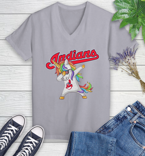 Cleveland Indians MLB Baseball Funny Unicorn Dabbing Sports Women's V-Neck T-Shirt 4