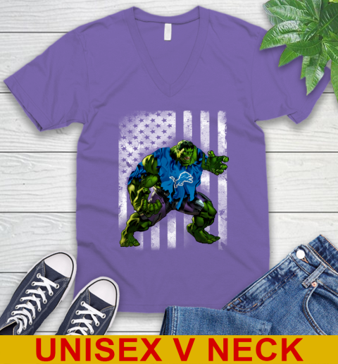 Detroit Lions Hulk Marvel Avengers NFL Football American Flag V-Neck T-Shirt 8
