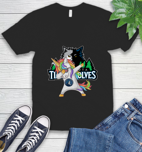 Minnesota Timberwolves NBA Basketball Funny Unicorn Dabbing Sports V-Neck T-Shirt 2