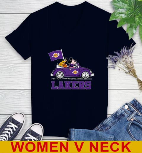 NBA Basketball Los Angeles Lakers Pluto Mickey Driving Disney Shirt Women's V-Neck T-Shirt 3