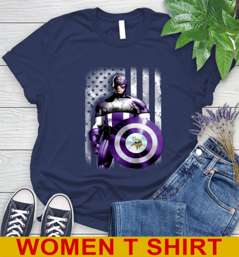 Minnesota Vikings NFL Football Captain America Marvel Avengers American Flag Shirt Women's T-Shirt 12