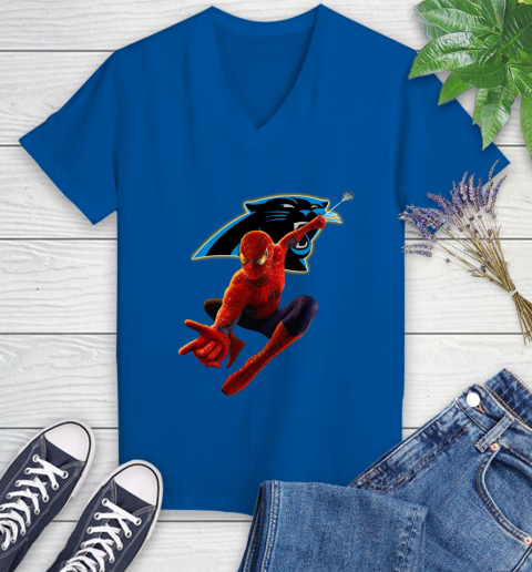 NFL Spider Man Avengers Endgame Football Carolina Panthers Women's V-Neck T-Shirt 10