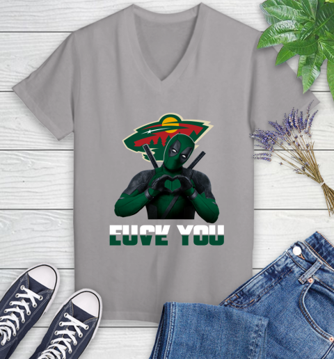 NHL Minnesota Wild Deadpool Love You Fuck You Hockey Sports Women's V-Neck T-Shirt 4