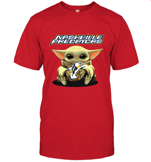 Baby Yoda Hugs The Nashville Predators Ice Hockey Unisex Jersey Tee