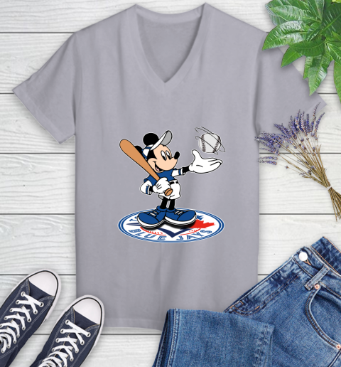 MLB Baseball Toronto Blue Jays Cheerful Mickey Disney Shirt Women's V-Neck T-Shirt 4