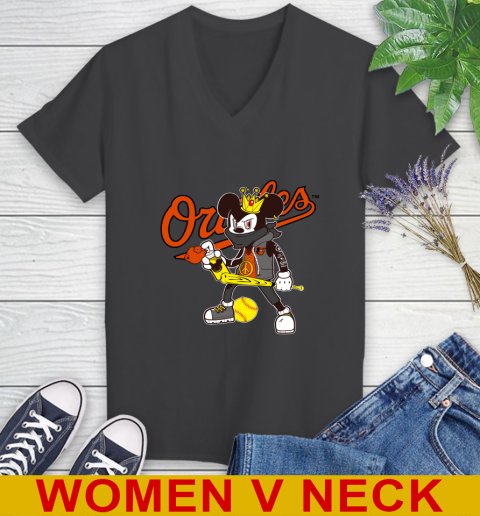Baltimore Orioles MLB Baseball Mickey Peace Sign Sports Women's V-Neck T-Shirt 9
