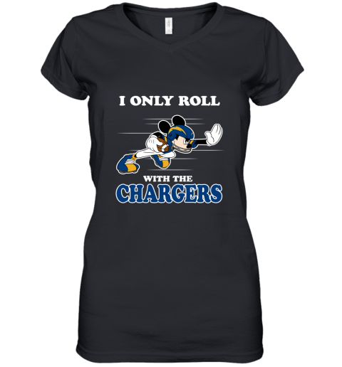 NFL Mickey Mouse I Only Roll With Los Angeles Chargers Women's V-Neck T-Shirt