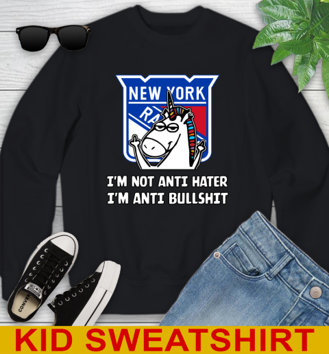 New York Rangers NHL Hockey Unicorn I'm Not Anti Hater I'm Anti Bullshit Youth Sweatshirt 2