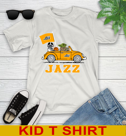 NBA Basketball Utah Jazz Darth Vader Baby Yoda Driving Star Wars Shirt Youth T-Shirt 12